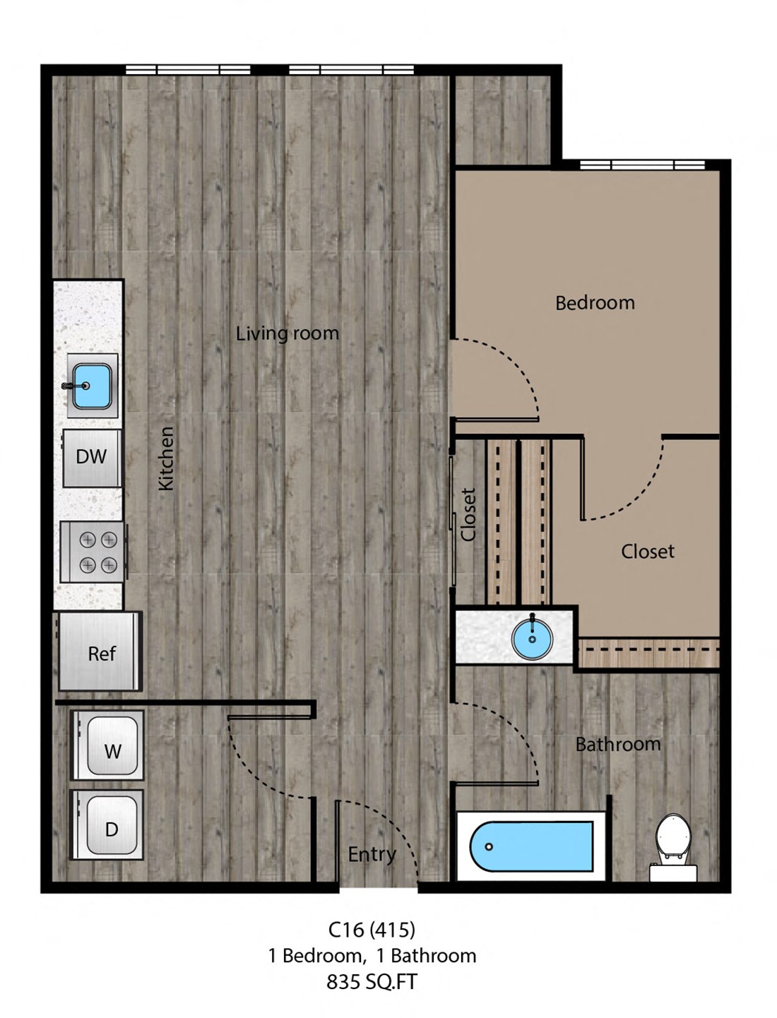 Floor plan for 1 bed, 1 bath, 835 sqft